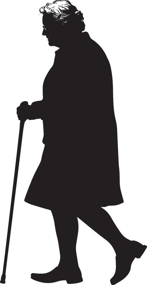 A senior woman walking with a cane, head slightly forward, depicted in a full-length black silhouette. vector