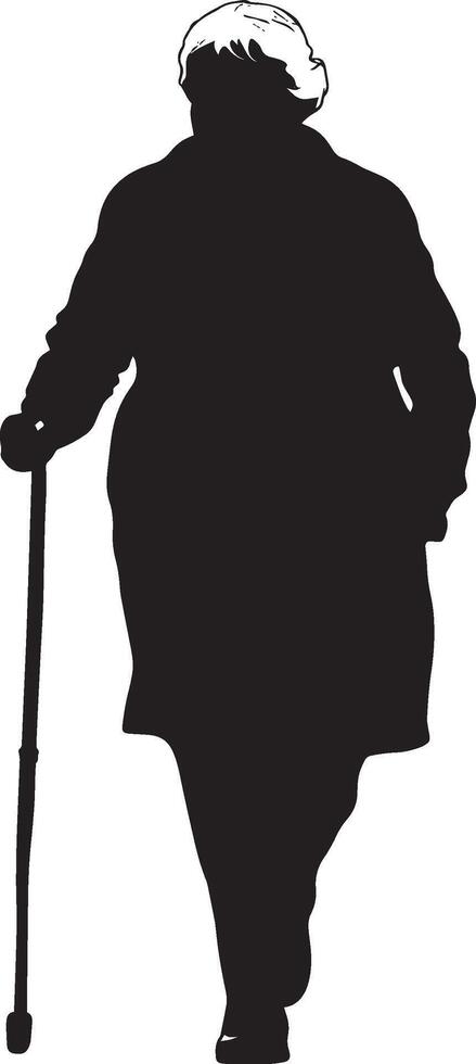 A senior woman using a cane while walking, head slightly bent forward, captured in a full-length silhouette. vector