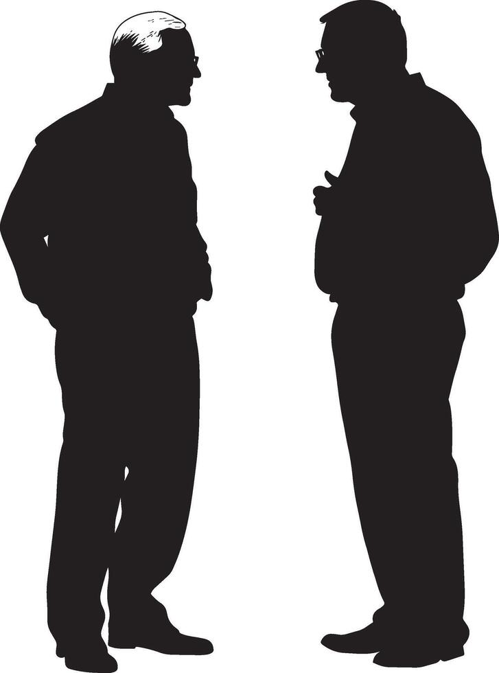 Two senior men standing close together, engaged in a conversation, depicted in a full-length black silhouette. vector