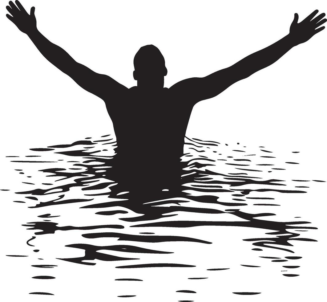 Elderly man swimming or treading water, arms extended forward, shown in a full-length silhouette. vector