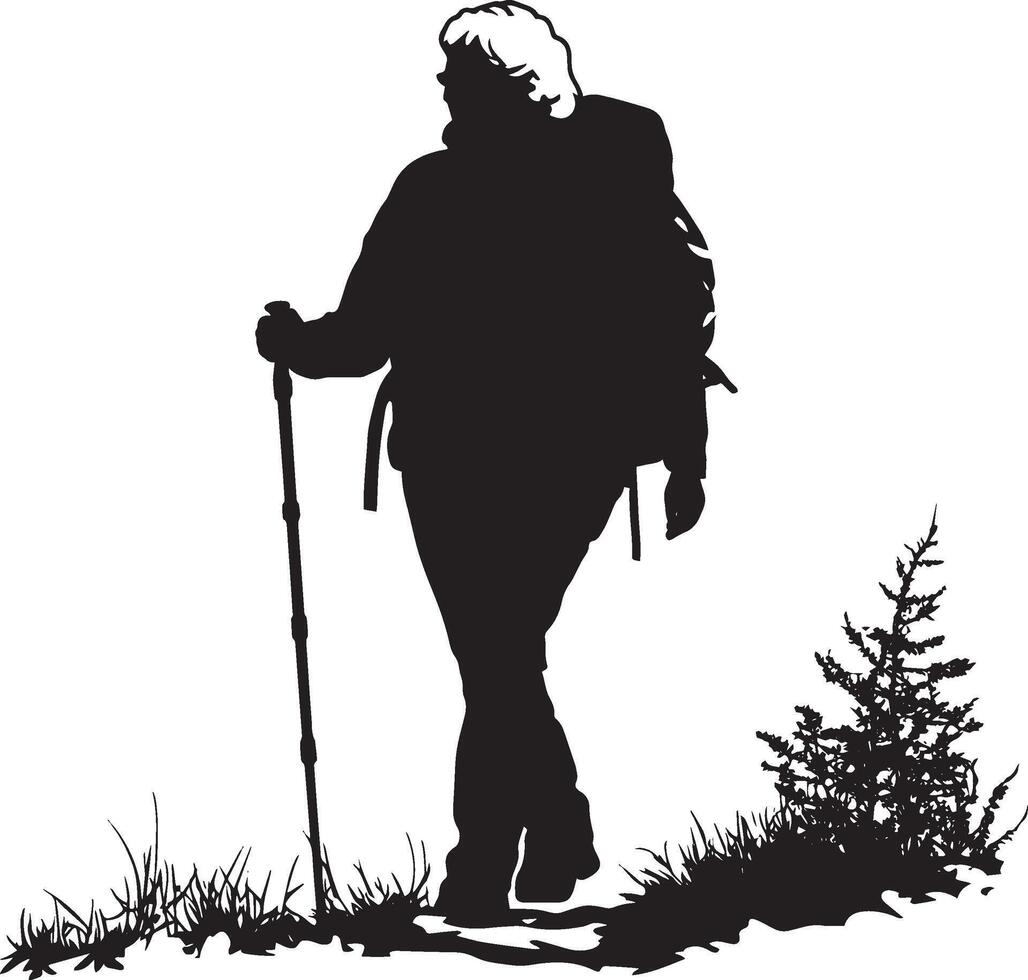Hiking with Walking Stick Silhouette A senior woman walking with a walking stick on a trail, looking ahead. full length silhouette black illustration vector