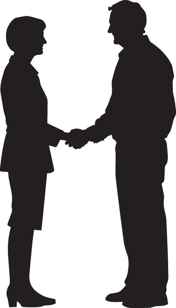 A senior man in the middle of a handshake, captured in a full-length black silhouette. vector