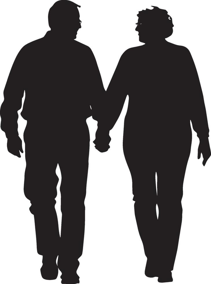 Elderly man walking hand-in-hand with his partner, shown in a full-length silhouette. vector