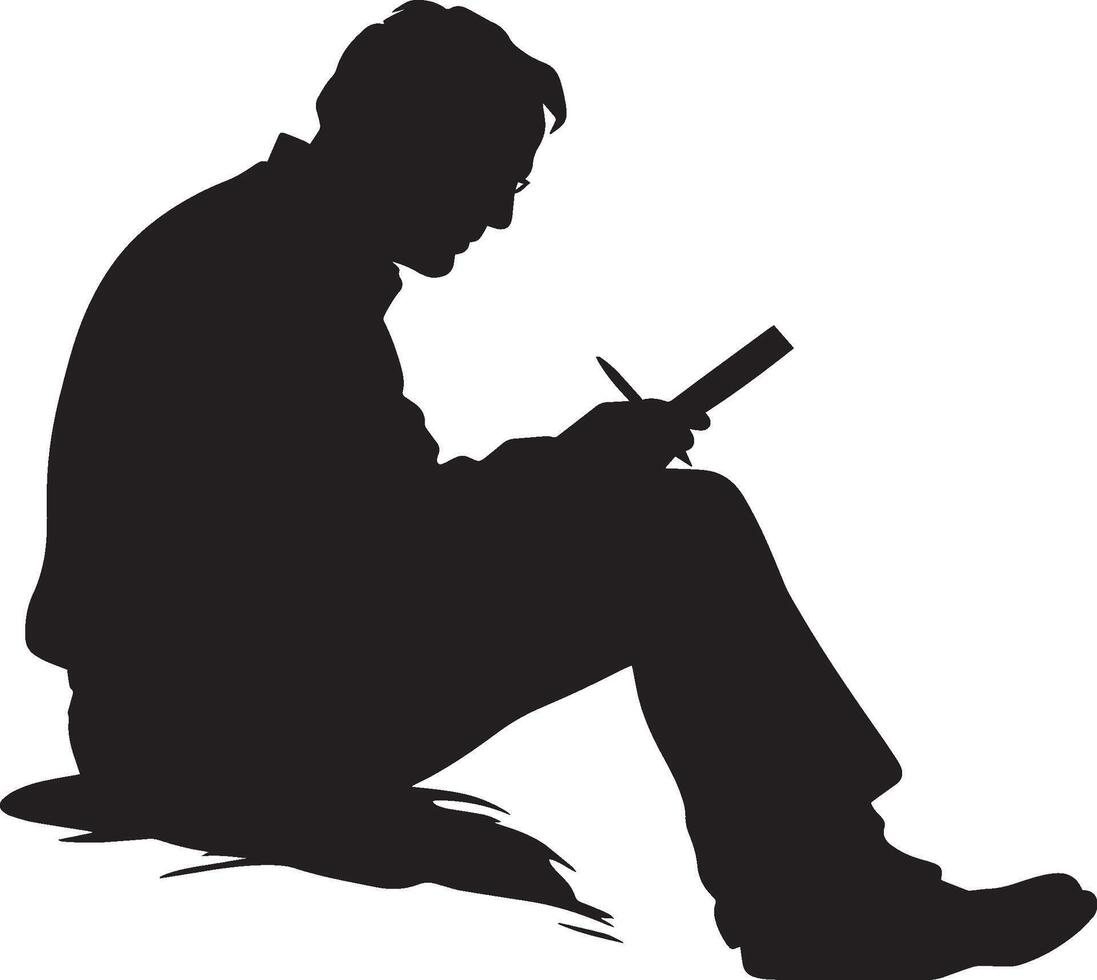 Elderly man sitting and journaling, holding a pen, captured in a full-length silhouette. vector