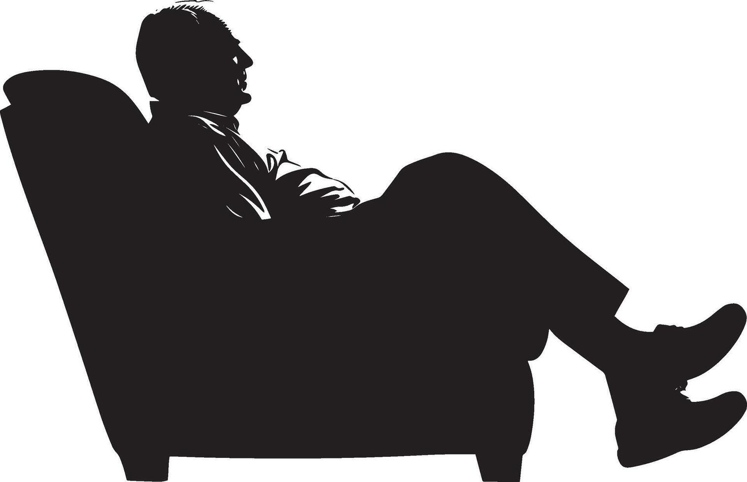 Elderly man sitting comfortably on a couch, watching TV, shown in a full-length silhouette. vector