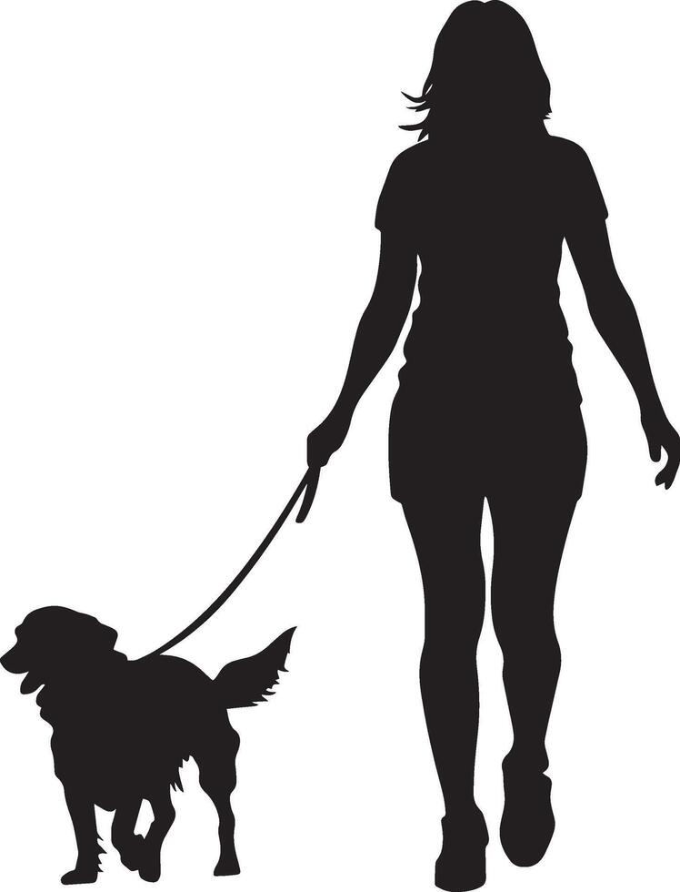 A woman holding a leash, with a dog trotting beside her, captured in a full-length silhouette. vector