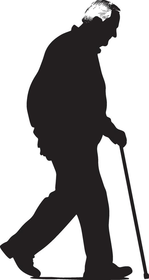 Elderly man using a cane to walk, head slightly inclined forward, portrayed in a full-length black silhouette. vector