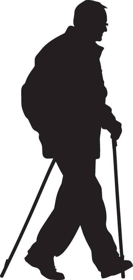 A senior man walking with a cane, head slightly forward, depicted in a full-length black silhouette. vector