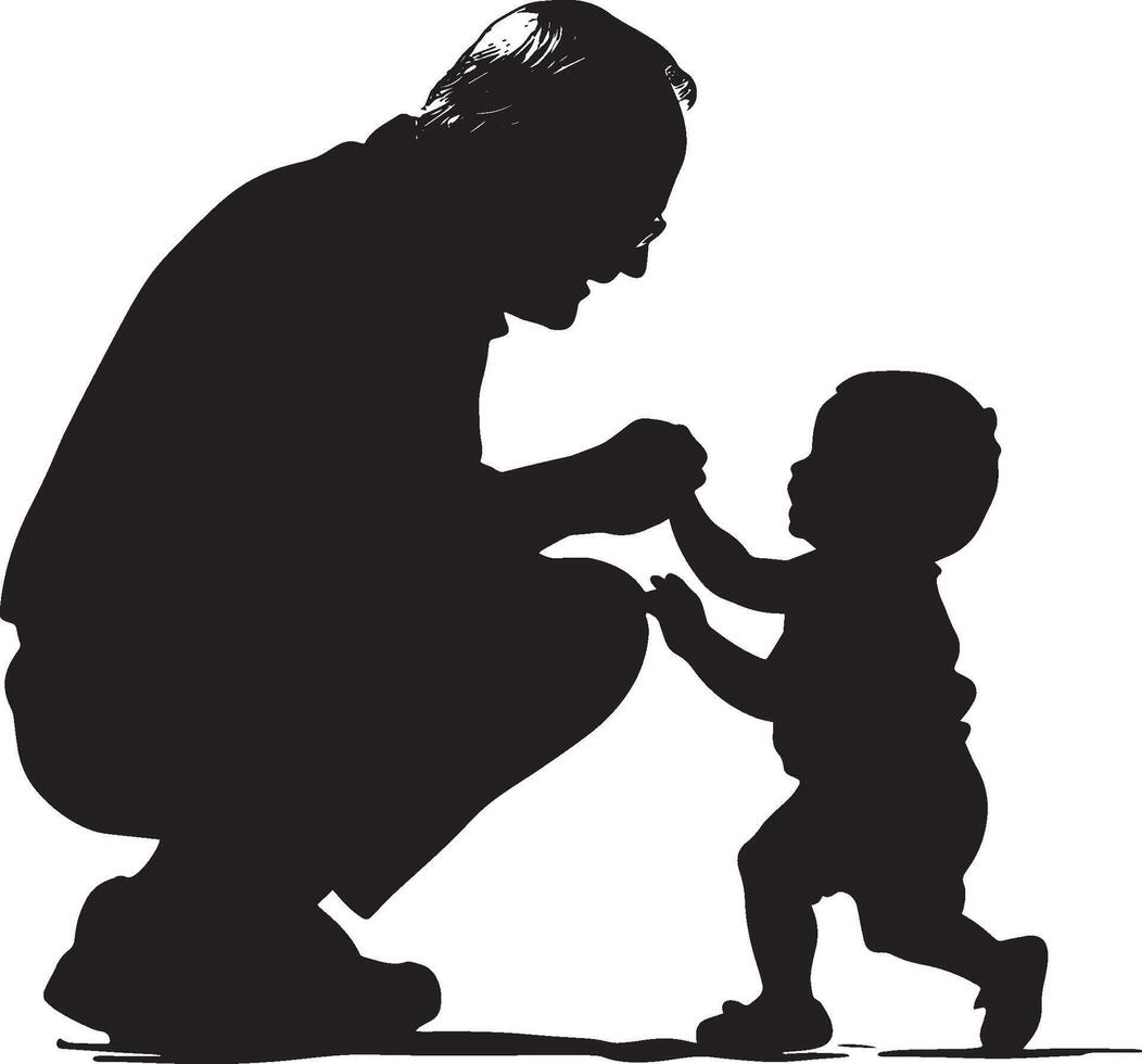 Elderly man crouching down to play with a child, shown in a full-length silhouette. vector