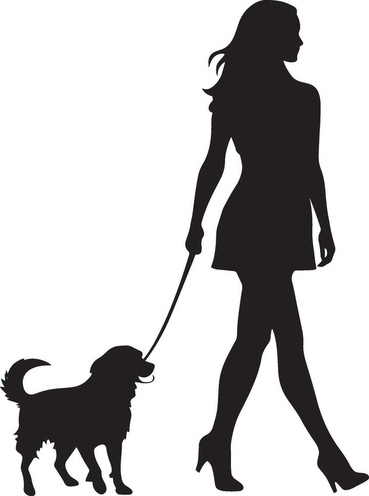 A woman holding a leash, walking with a dog trotting beside her, depicted in a full-length black silhouette. vector