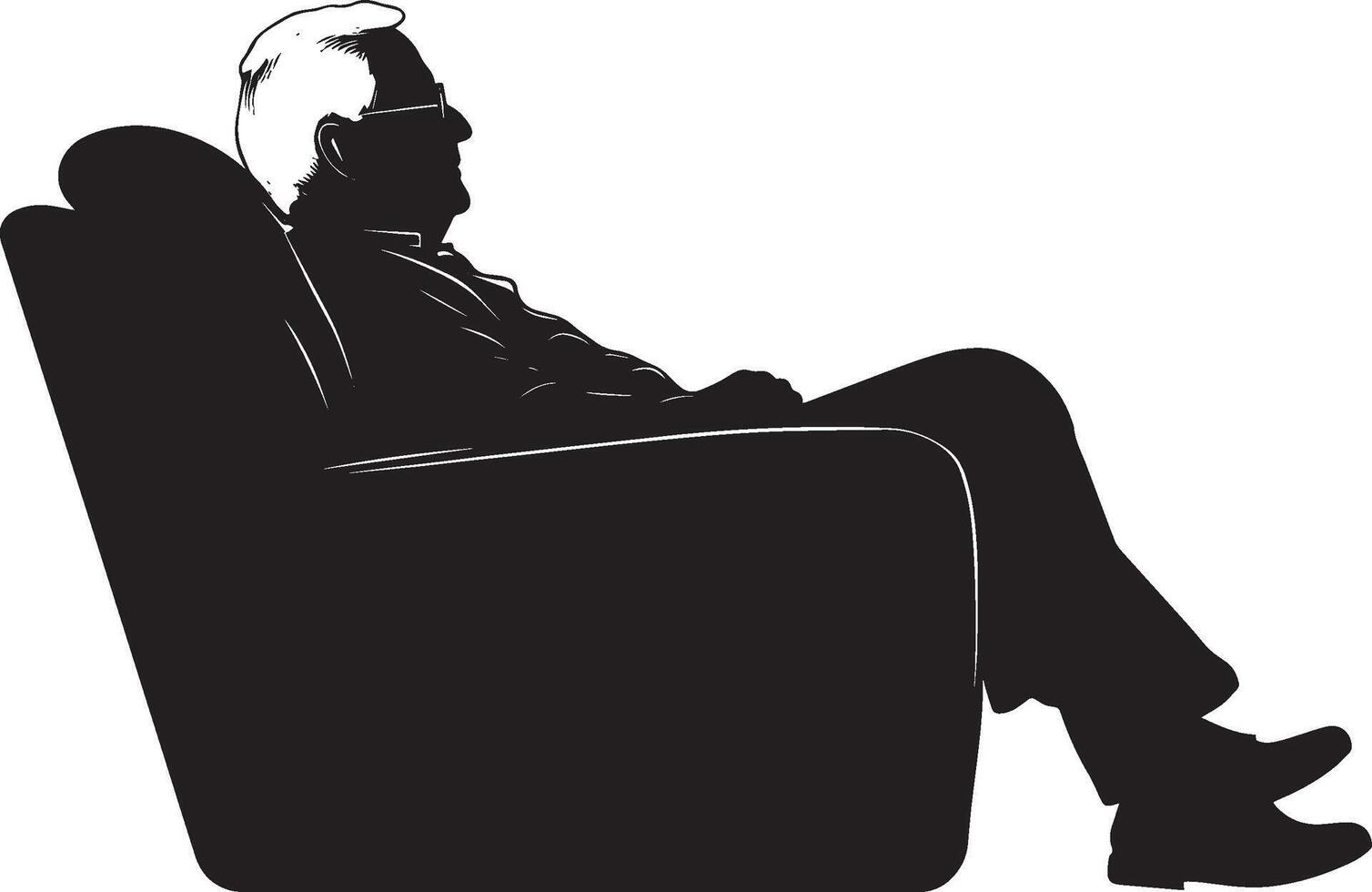 A senior man seated on a couch, eyes focused on the screen, depicted in a full-length black silhouette. vector