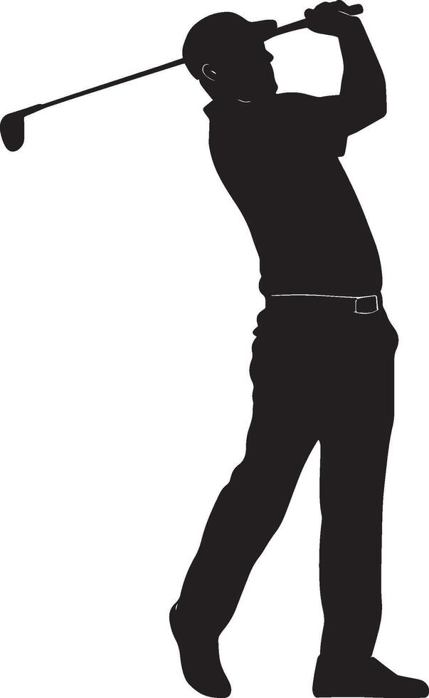 Elderly man in a golf swing, club lifted high, shown in a full-length silhouette. vector