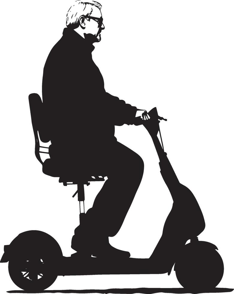 Elderly man standing, riding a scooter for mobility, portrayed in a full-length black silhouette. vector
