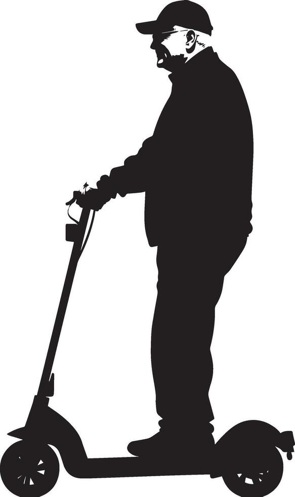 Elderly man riding a mobility scooter, standing with ease, shown in a full-length silhouette. vector