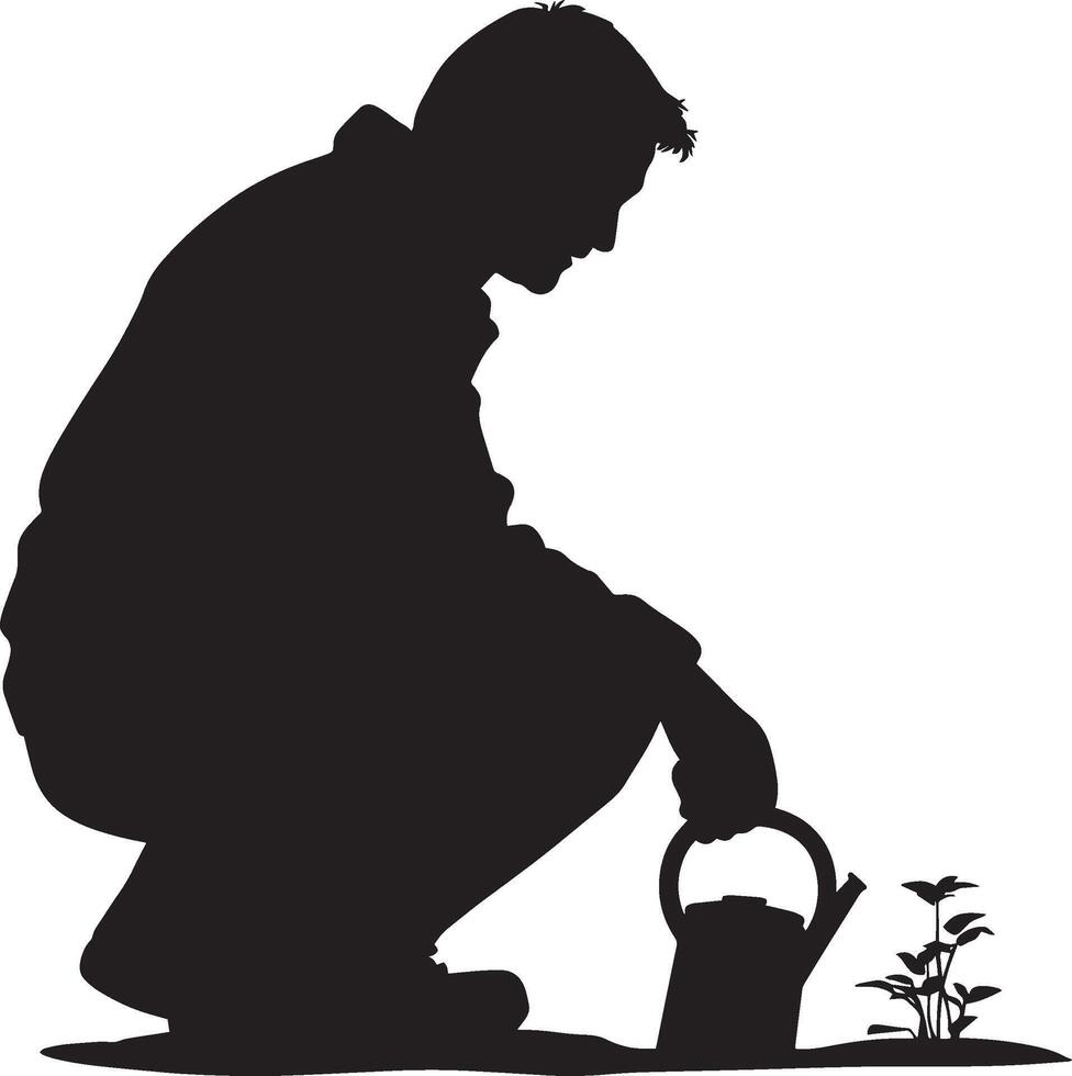 Elderly man kneeling, using a trowel or watering can in the garden, shown in a full-length silhouette vector