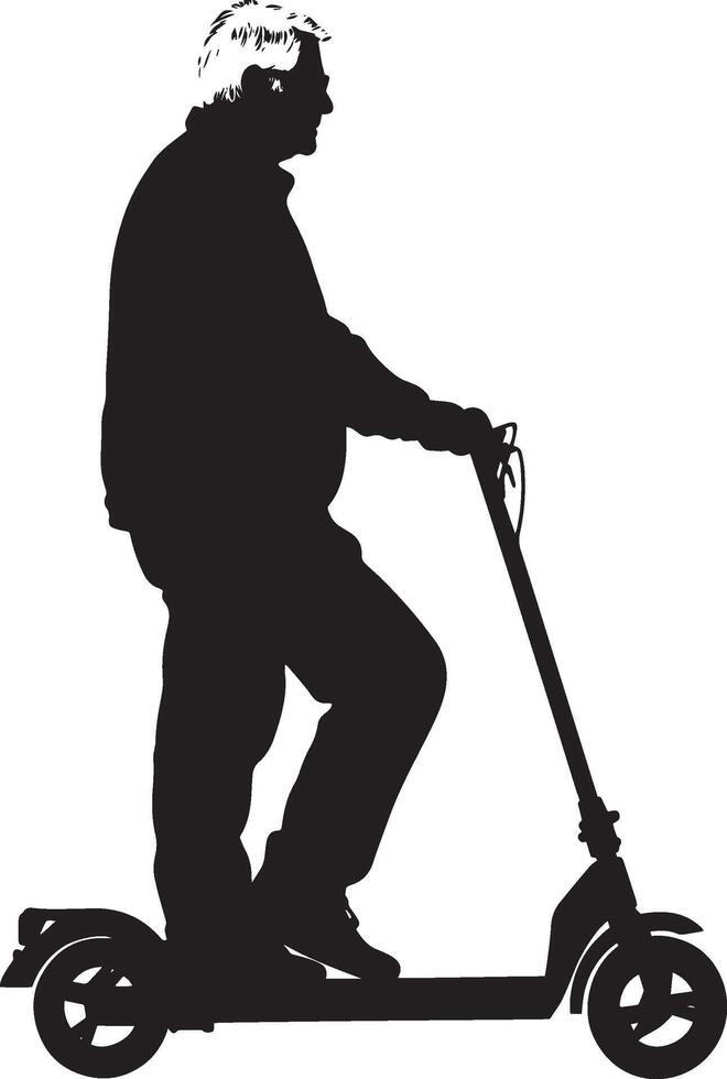 A senior man standing while riding an electric scooter, captured in a full-length silhouette. vector