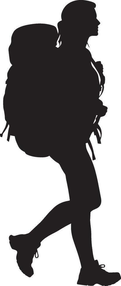 A woman walking with a large backpack, focused on the path ahead, portrayed in a full-length black silhouette. vector