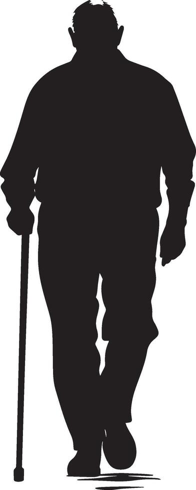 A senior man walking with a cane, head leaning forward, captured in a full-length silhouette. vector