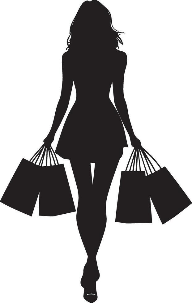 A woman holding shopping bags in both hands, shown in a full-length silhouette. vector