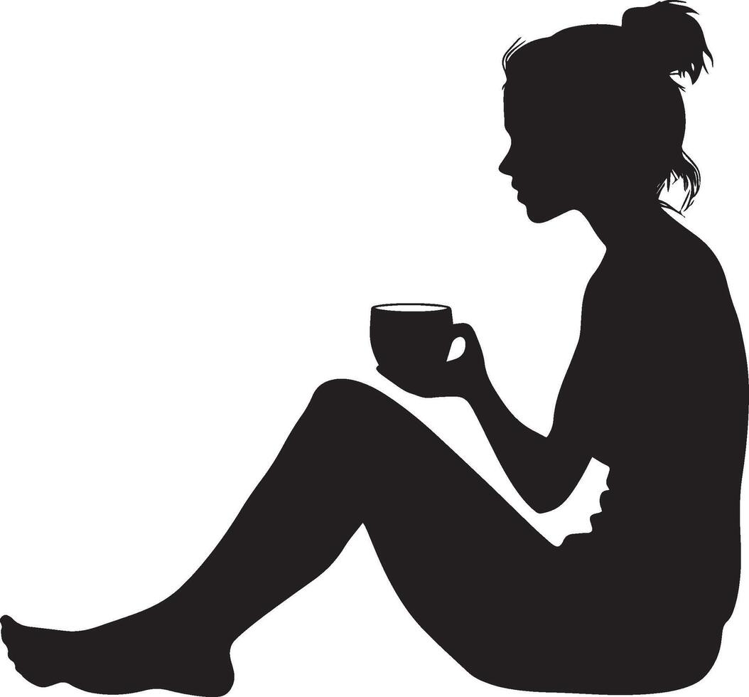 Sitting on the Floor with a Cup of Tea Silhouette A woman cross-legged, holding a warm mug. full length silhouette black illustration vector