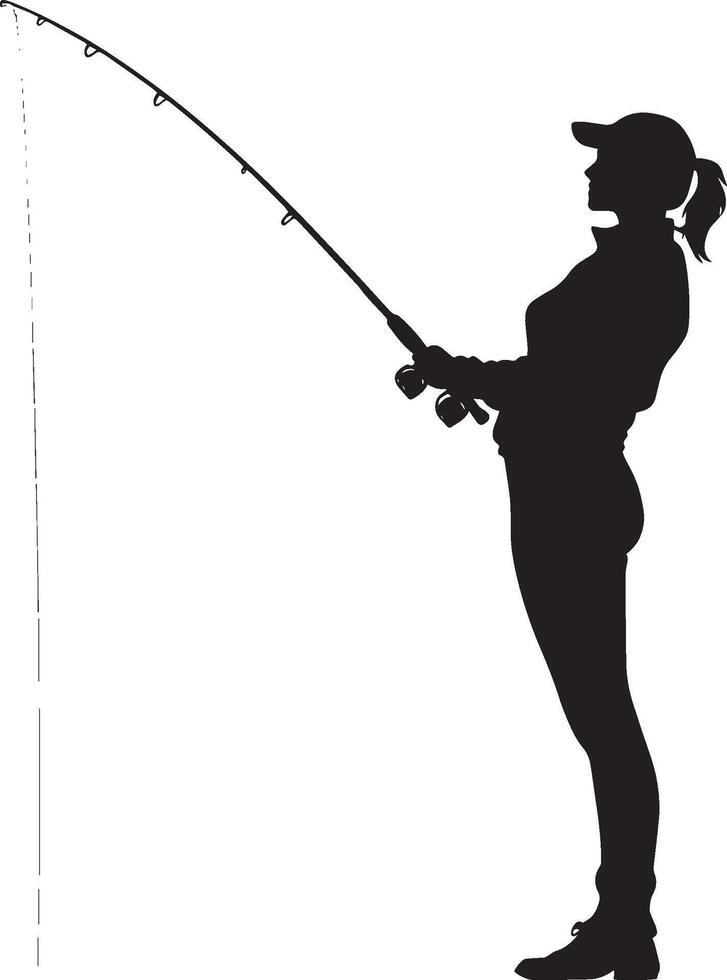 A woman standing with a fishing rod, casting the line, shown in a full-length silhouette. vector