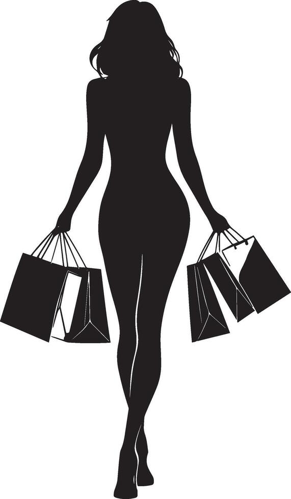 A woman carrying multiple bags in each hand, depicted in a full-length black silhouette. vector