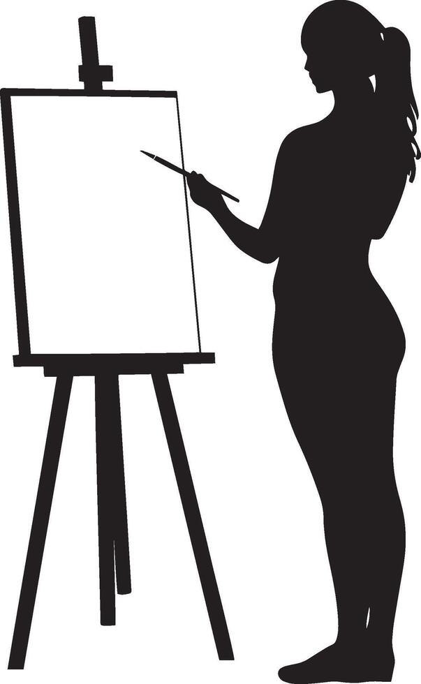A woman holding a brush, facing an easel, depicted in a full-length black silhouette. vector