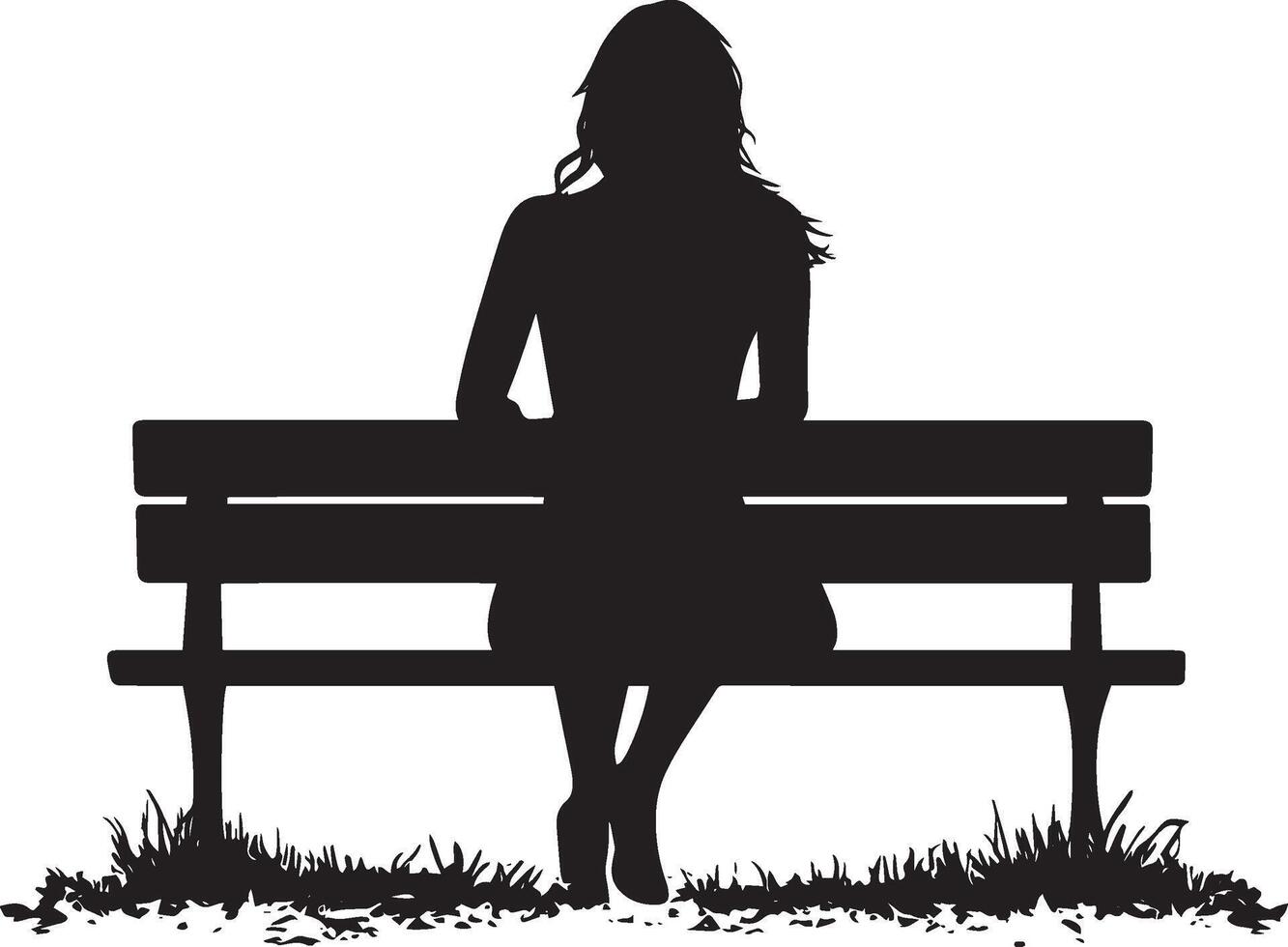 A woman sitting on a park bench, hands on her lap, depicted in a full length black silhouette. vector