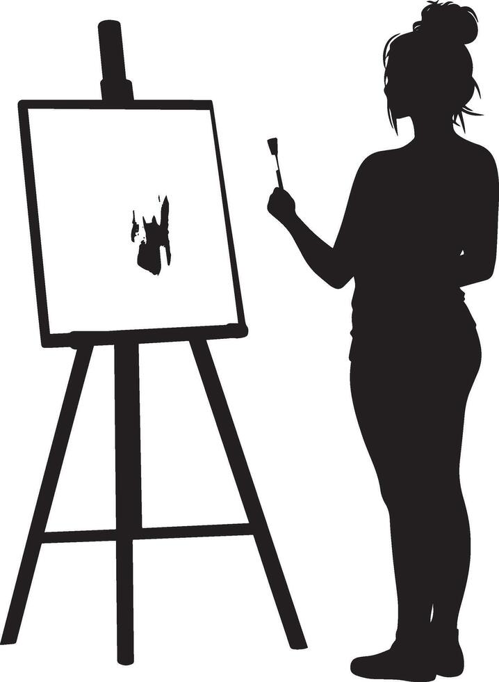 A woman with a brush in hand, painting on a canvas, shown in a full-length silhouette. vector