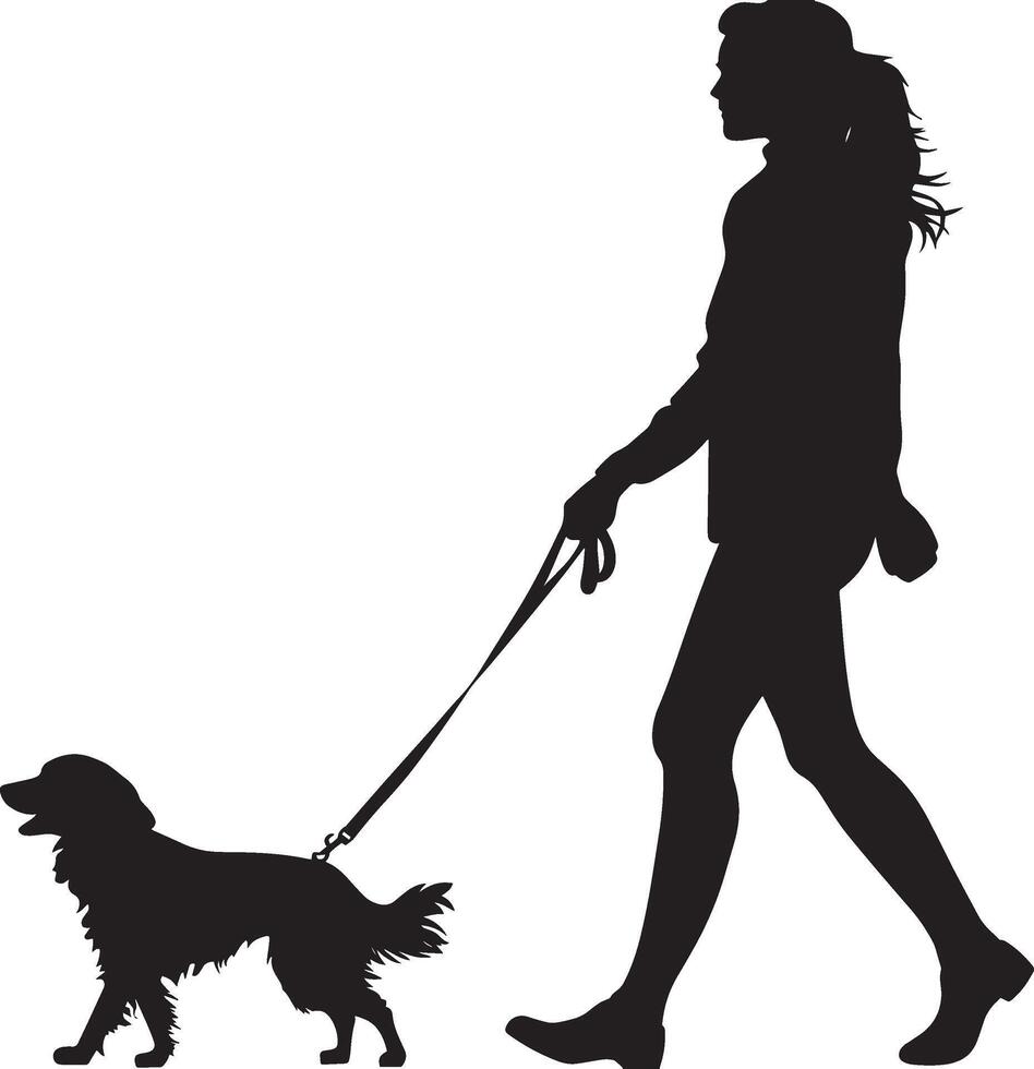A woman holding a leash, walking alongside a dog, portrayed in a full-length black silhouette. vector