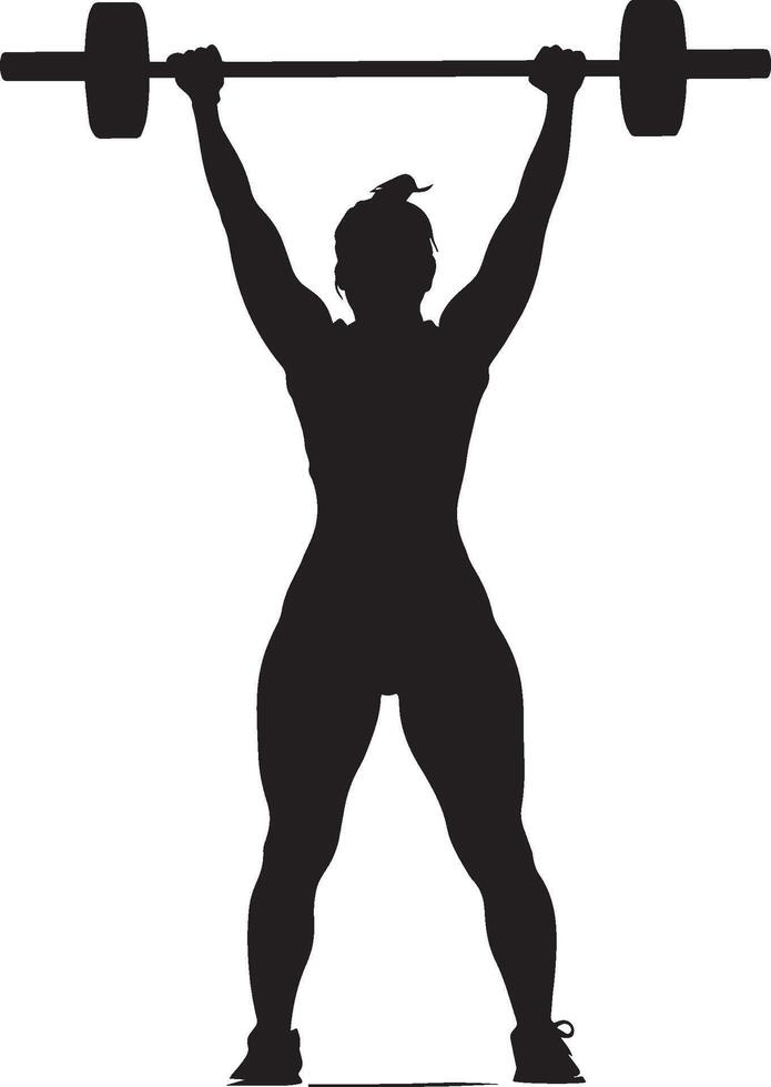 A woman lifting dumbbells or a barbell overhead, depicted in a full-length black silhouette. vector