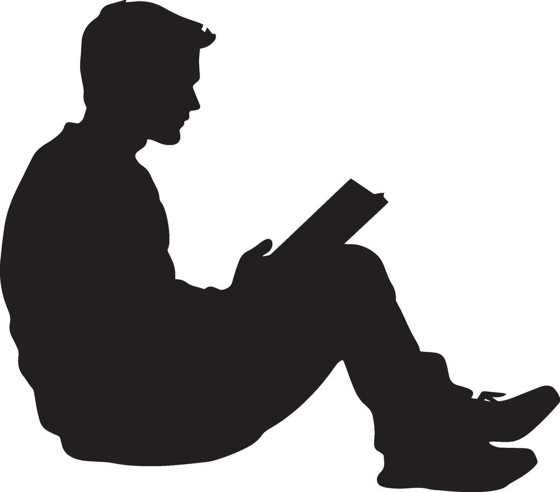A man seated, holding a book in his lap, shown in a full-length silhouette. vector