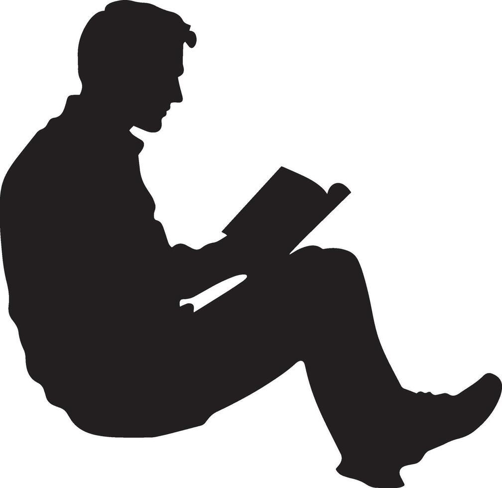 A man sitting with a book in his lap, depicted in a full-length black silhouette. vector