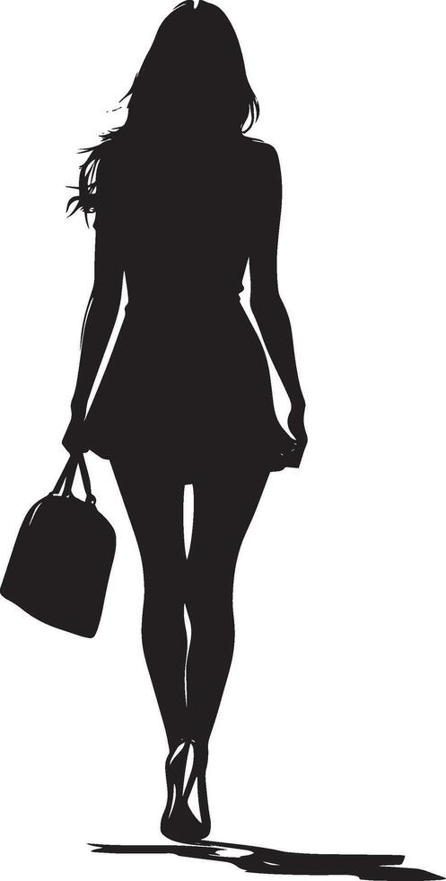 A woman walking with a purse, moving gracefully, captured in a full-length silhouette. vector