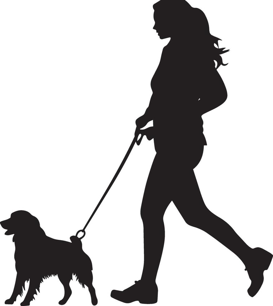 A woman holding a leash, walking with her dog, shown in a full-length silhouette. vector