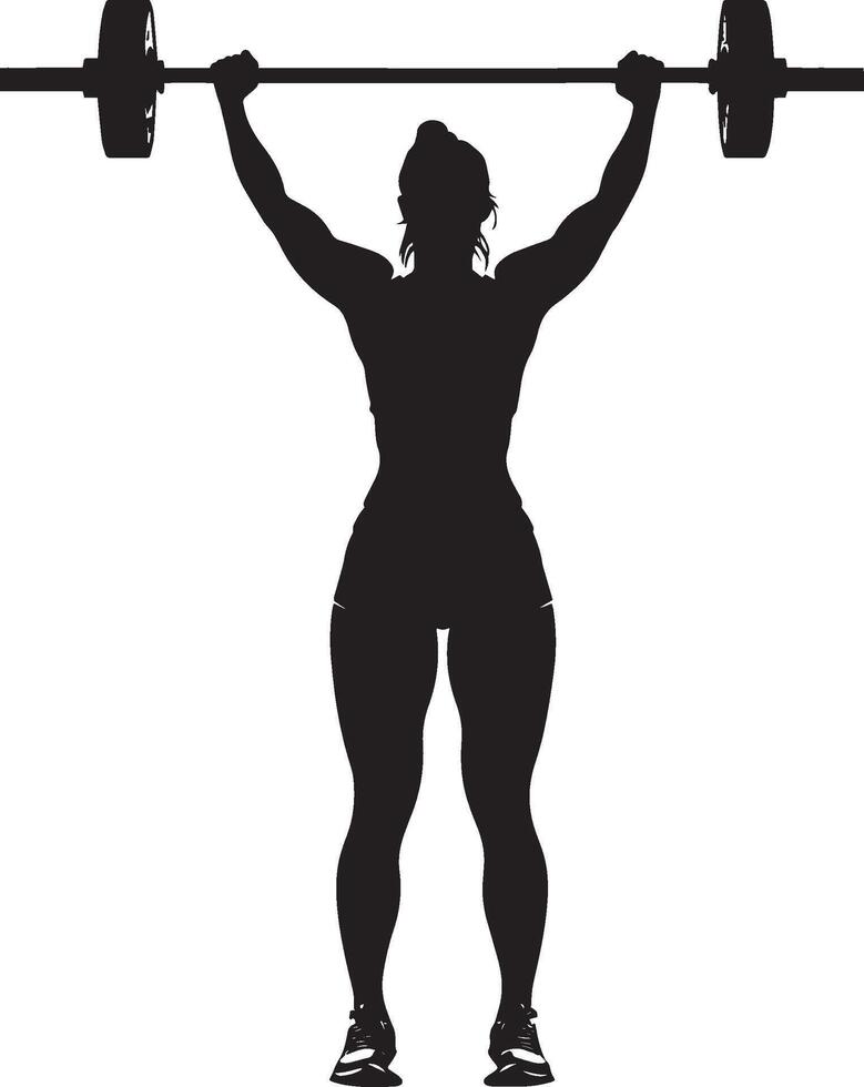 A woman holding a barbell or dumbbells overhead, shown in a full-length silhouette. vector