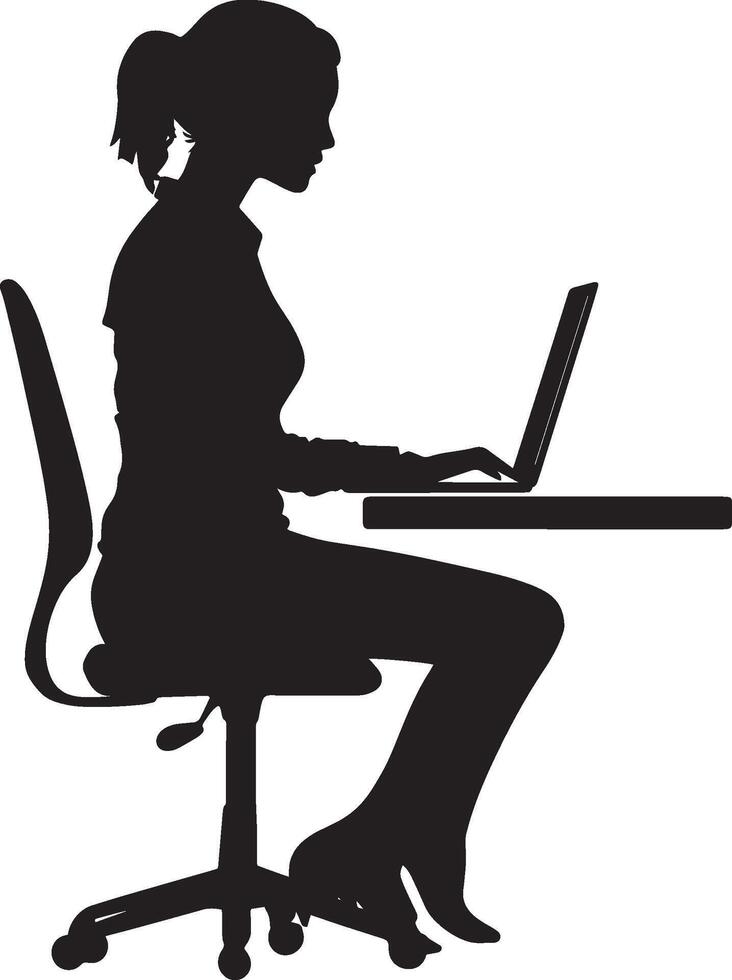 A woman seated at a desk, typing on her laptop, captured in a full-length silhouette. vector