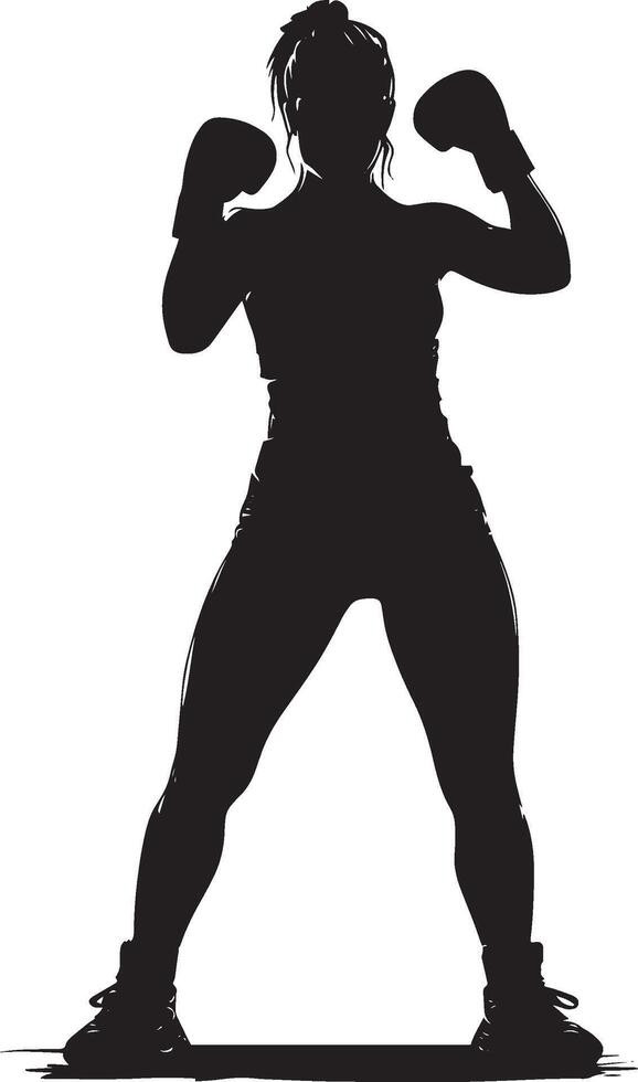 A woman in a fighting stance, fists raised, depicted in a full-length black silhouette. vector