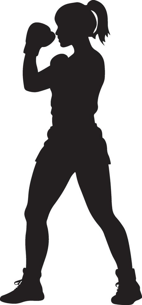 A woman in a defensive stance, fists up, captured in a full-length silhouette. vector