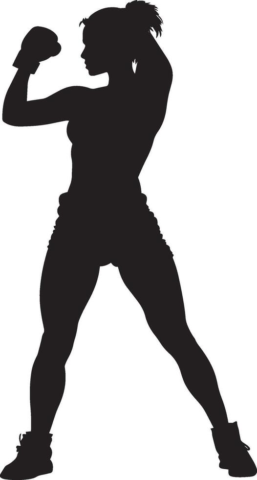 A woman with fists raised, ready to box, shown in a full-length silhouette. vector