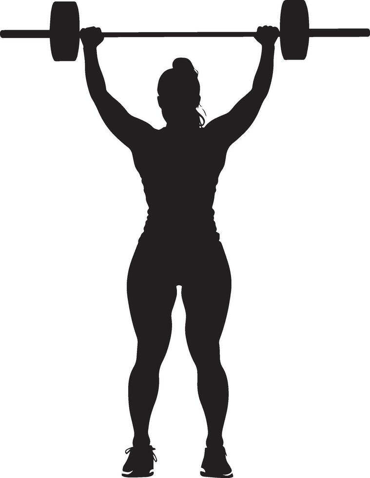 A woman lifting dumbbells overhead, portrayed in a full-length black silhouette. vector
