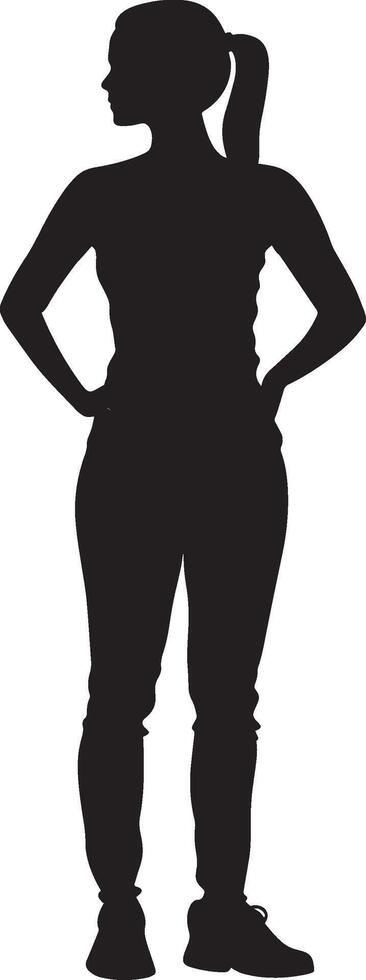 A woman standing with her hand on her hip, depicted in a full-length black silhouette. vector