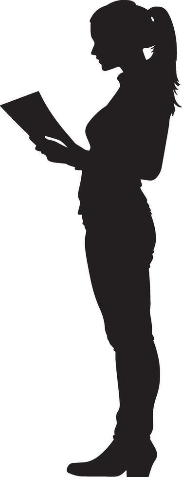 A woman holding papers, scanning through them, depicted in a full-length black silhouette. vector