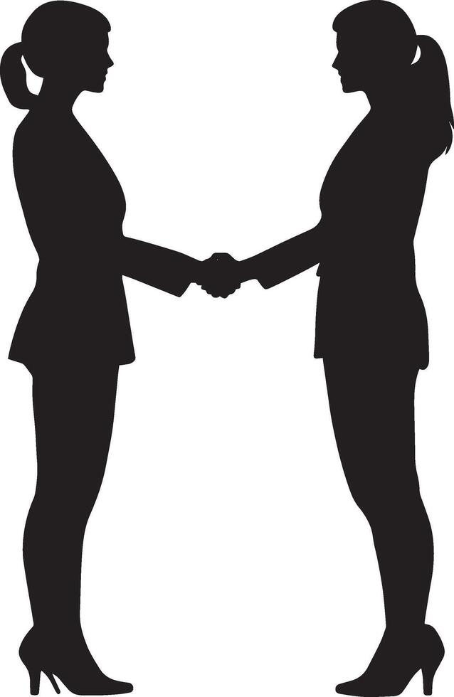 Two individuals in a firm handshake, captured in a full-length silhouette. vector