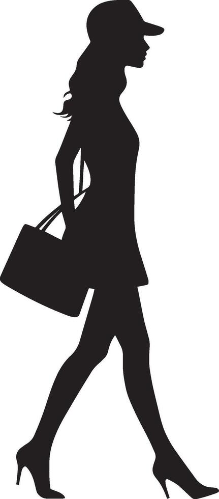 A woman carrying a handbag, walking with elegance, portrayed in a full-length black silhouette. vector