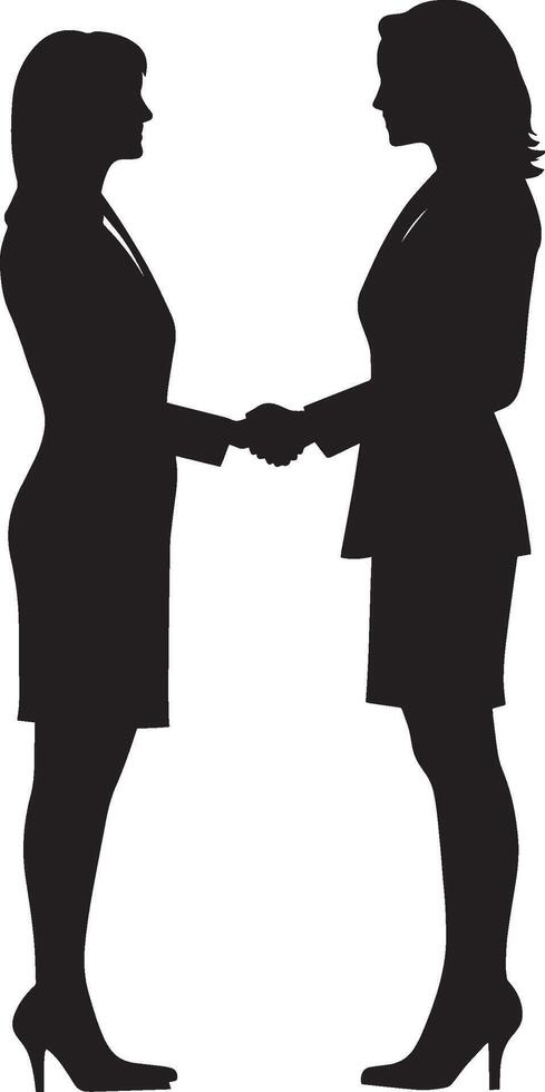A woman and a man shaking hands in a professional setting, shown in a full-length silhouette. vector