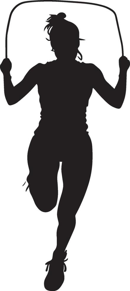 Black silhouette of a woman holding a skipping rope. vector