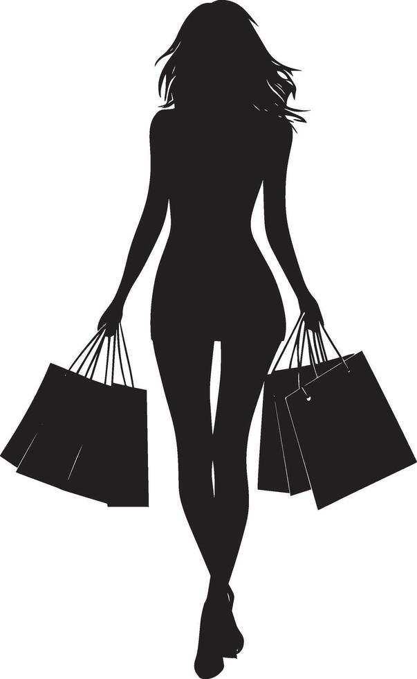A woman walking with shopping bags in both hands, portrayed in a full-length black silhouette. vector