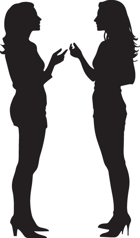 Two women engaged in conversation, gesturing as they talk, shown in a full-length silhouette. vector