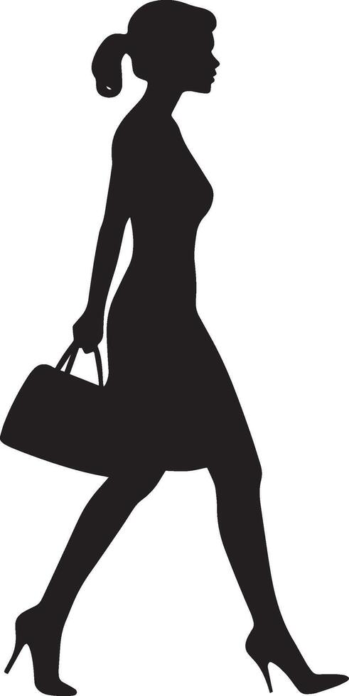A woman carrying a purse, taking graceful steps, depicted in a full-length black silhouette. vector